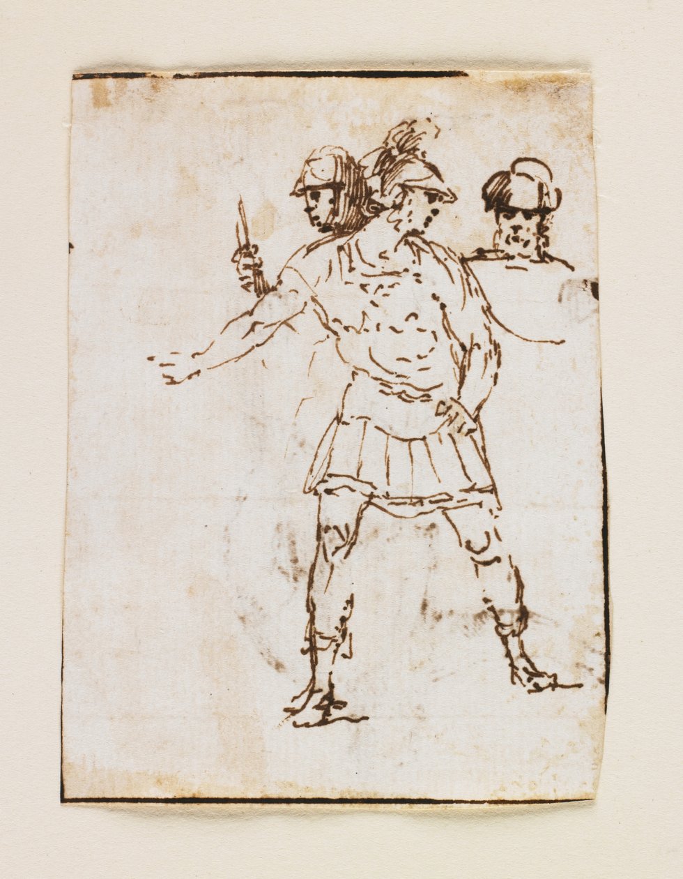 Studie av två romerska soldater och en skäggig figur (recto); Studie av en skäggig man som går med en pinne (verso) (penna och brunt bläck) av Francesco Allegrini