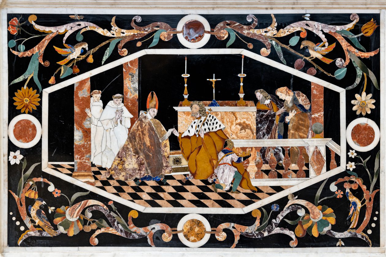 Huvudaltaret, utrustat med två bord, överbyggt av ett grandiost marmortabernakel, detalj av Francesco Antonio Corbarelli
