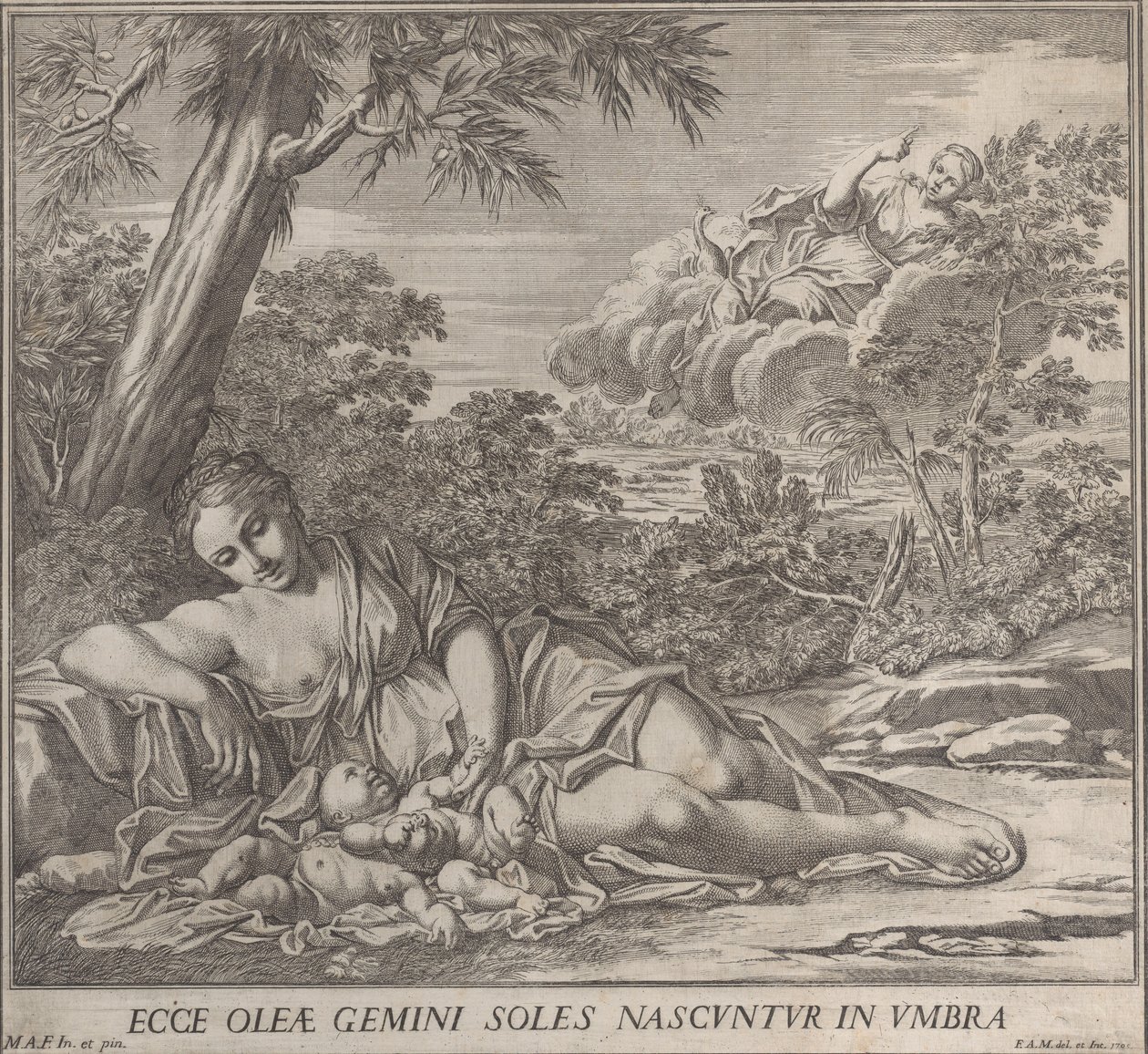 Latona och hennes sovande tvillingar, Apollo och Diana, i ett landskap, 1705. av Francesco Antonio Meloni