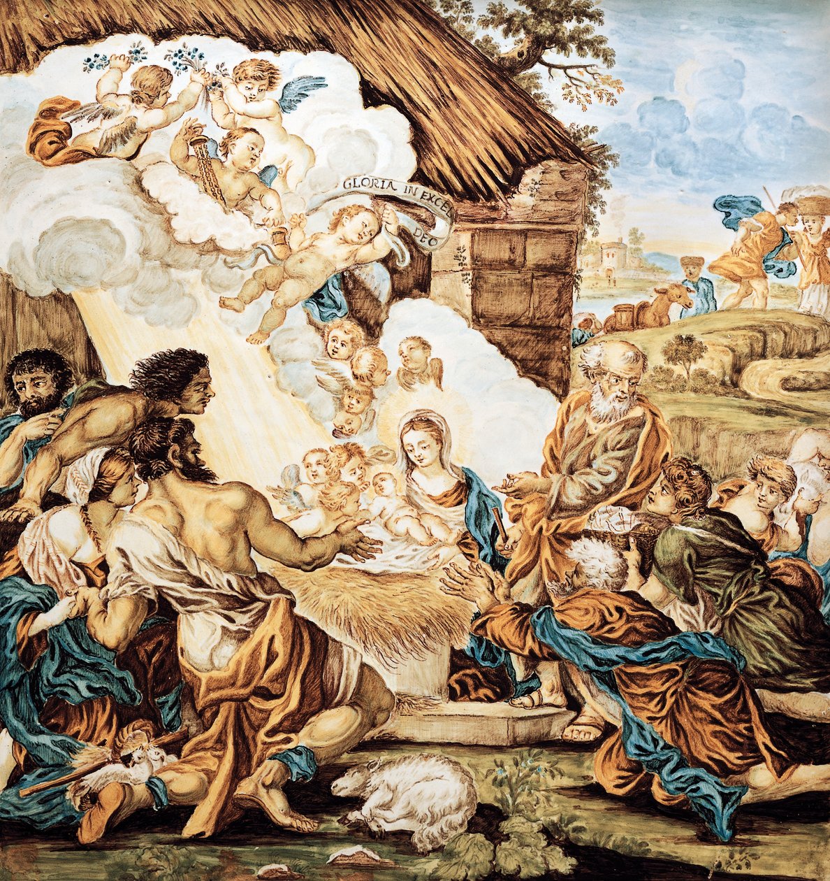 Spjälsäng, målad majolikatallrik, av Francesco Antonio Xaverio Grue (1686-1746), tillverkning av Abruzzo Castelli, Italien av Francesco Antonio Xaverio Grue