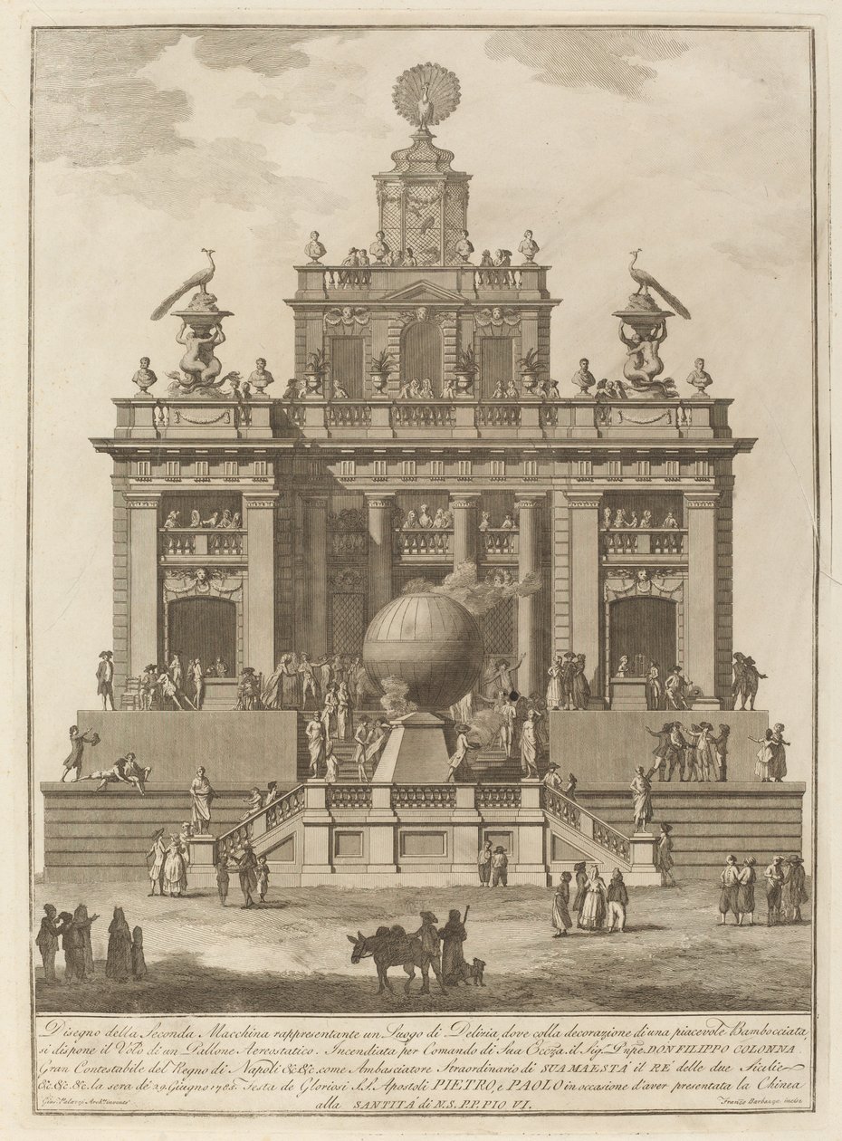 En plats för glädje med en luftballong, för festivalen i Kina, 1785. av Francesco Barbazza