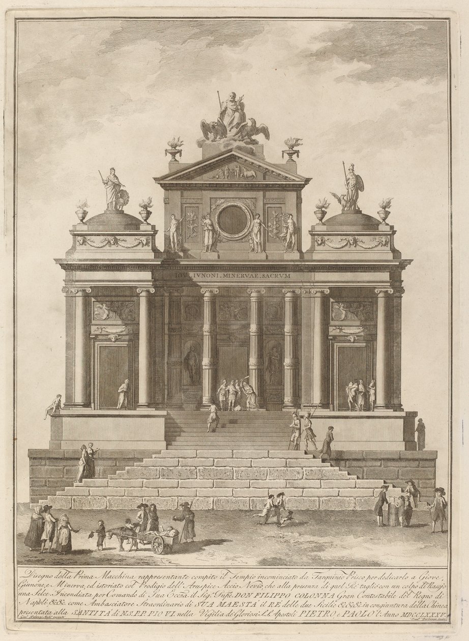 Ett tempel tillägnat Jupiter, Juno och Minerva, för Kinafestivalen, 1785. av Francesco Barbazza