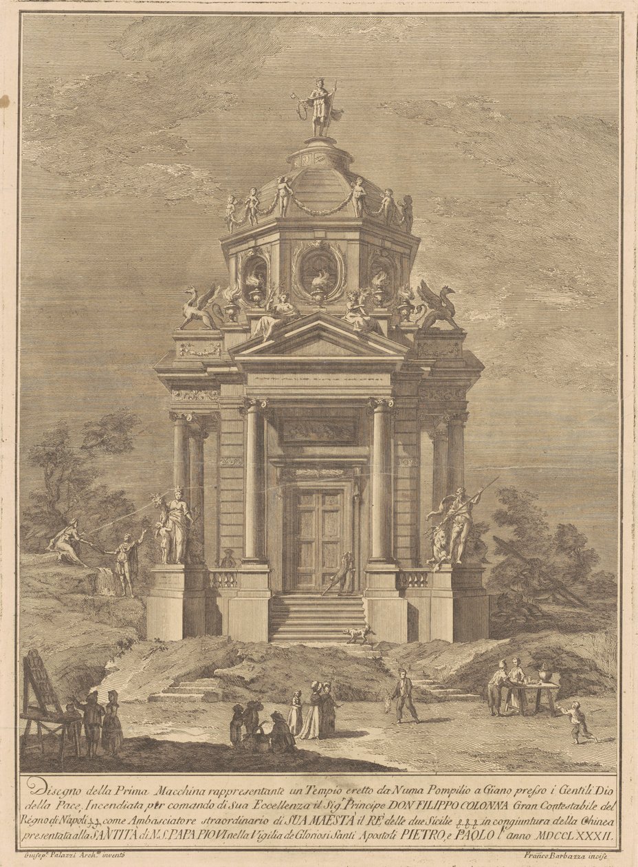 Prima Macchina för Kina 1782: Janus tempel byggt av Numa Pompilius av Francesco Barbazza, after Giuseppe Palazzi