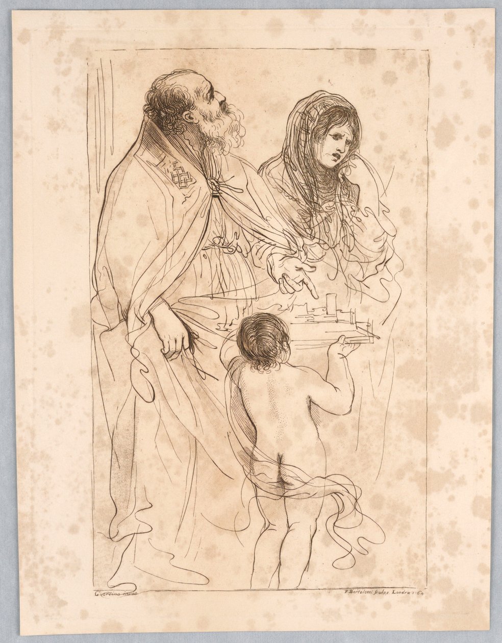 Ett biskopshelgon som pekar på en modellstad, med andra figurer, efter en teckning av Guercino av Francesco Bartolozzi
