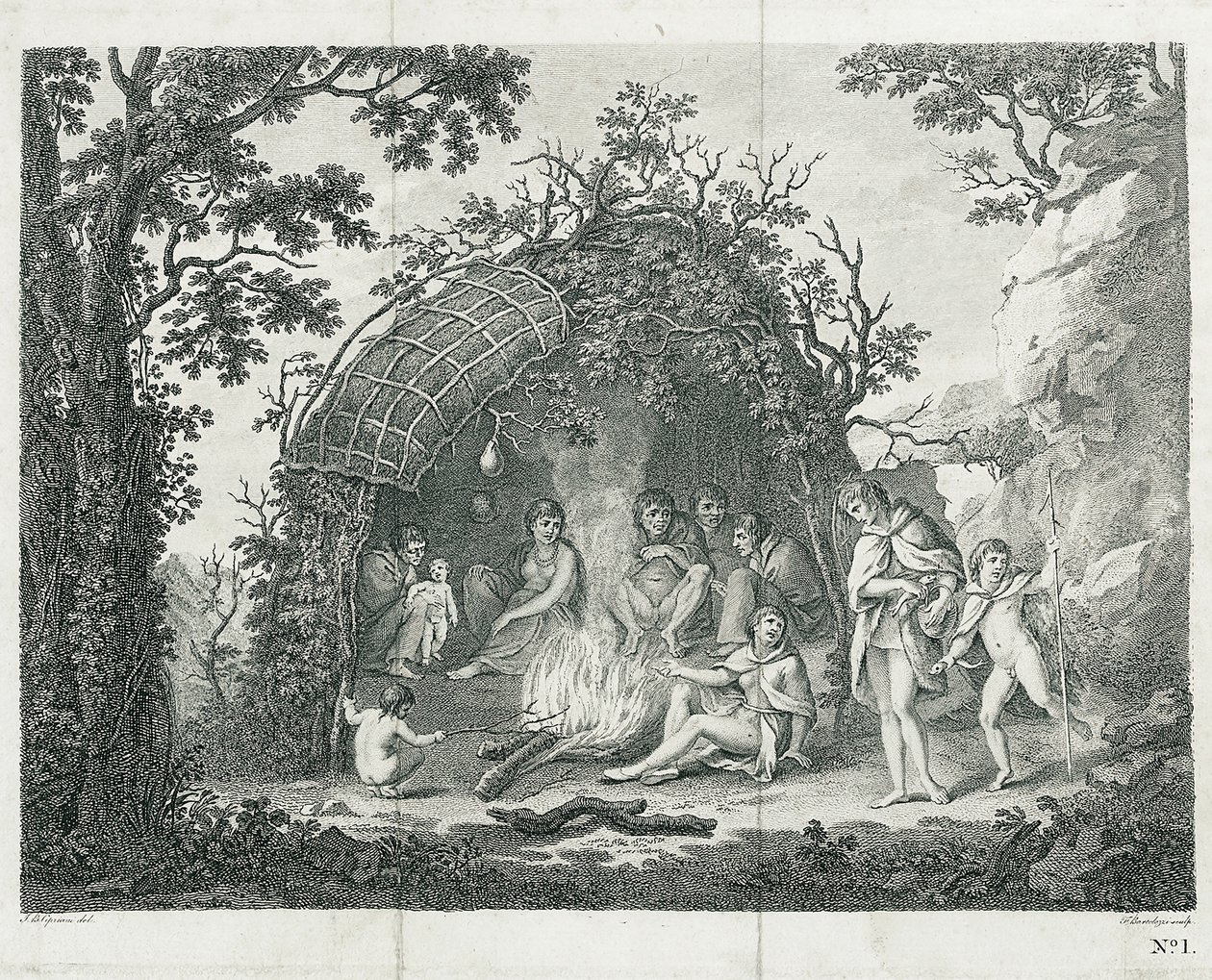En vy över indianerna på Terra del Fuego i deras hydda (utan titel) av Francesco Bartolozzi