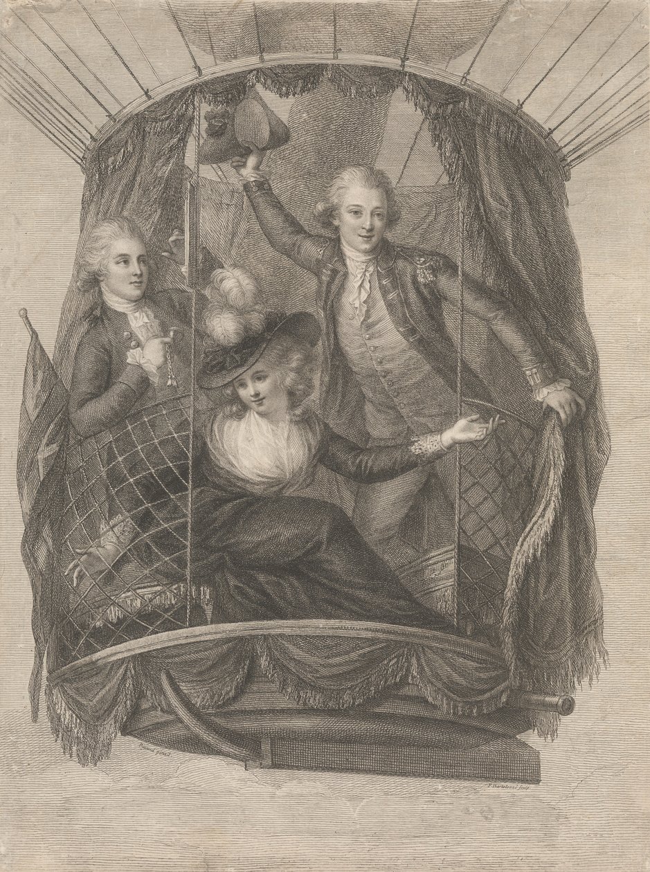Ascension av Madame Sage, Chevalier Biggin och kapten Vincent Lunardi i en ballong, 20 juni 1785 av Francesco Bartolozzi