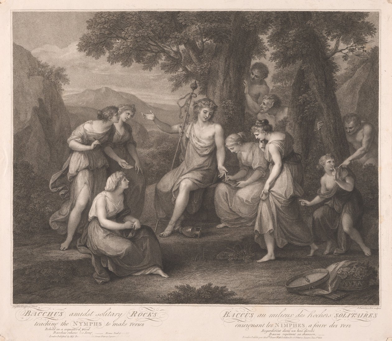 Bacchus bland ensamma klippor lär nymferna att skriva vers av Francesco Bartolozzi