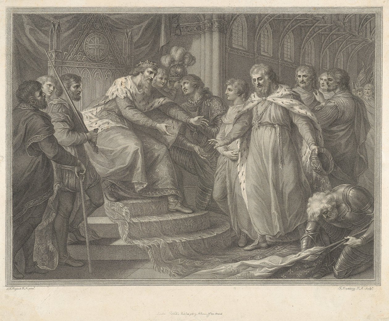 Edvard, prins av Wales, presenterar den tillfångatagne franske kungen Johan och hans söner för sin far Edvard III efter slaget vid Poitiers av Francesco Bartolozzi