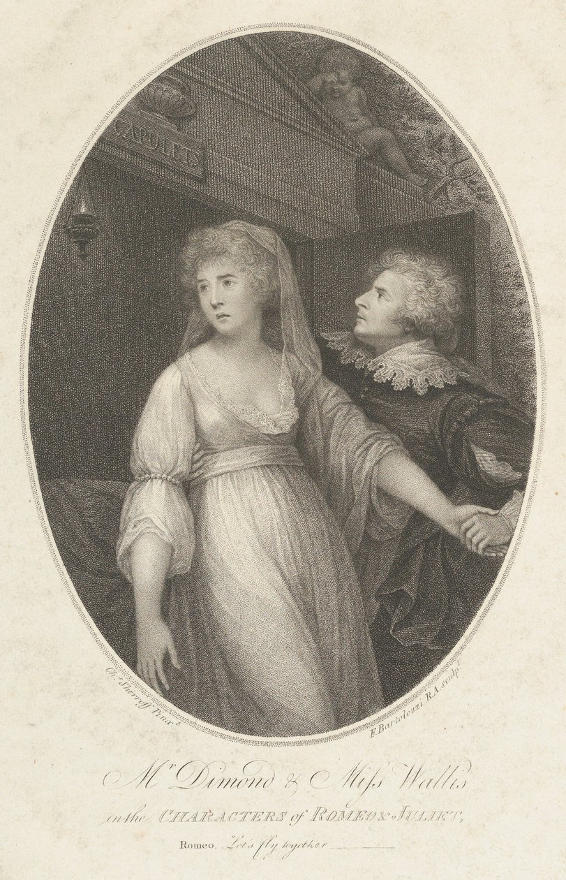 Mr. Dimond och Miss Wallis i The Characters of Romeo and Juliet, 1 maj 1796. av Francesco Bartolozzi