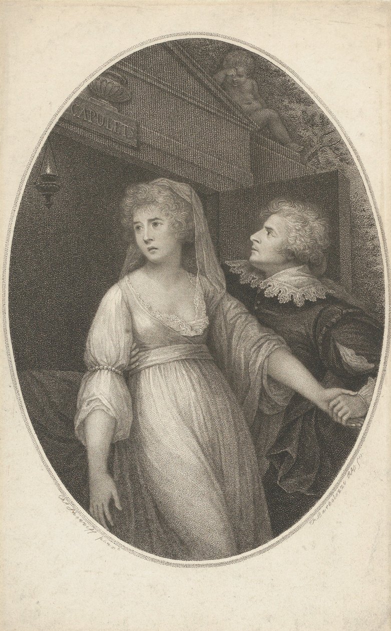 Mr. Dimond och Miss Wallis i The Characters of Romeo and Juliet, 1 maj 1796. av Francesco Bartolozzi