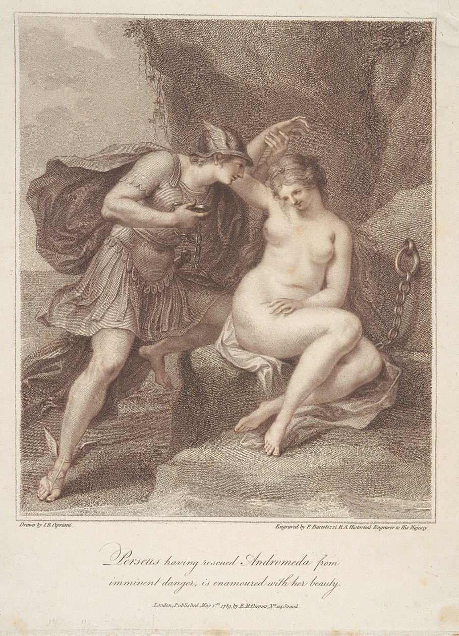 Perseus, som har räddat Andromeda ur överhängande fara, förälskar sig i hennes skönhet av Francesco Bartolozzi