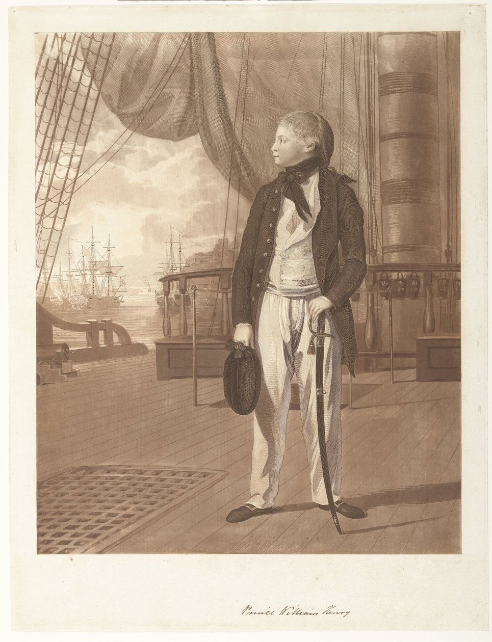 Porträtt av prins William Henry ombord på ett krigsfartyg från den brittiska kungliga marinen. av Francesco Bartolozzi