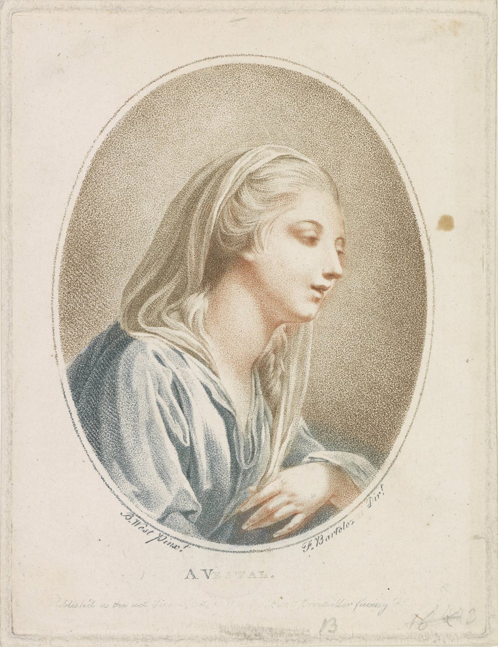 Porträtt av en kvinna A Vestal (titel på objekt) av Francesco Bartolozzi