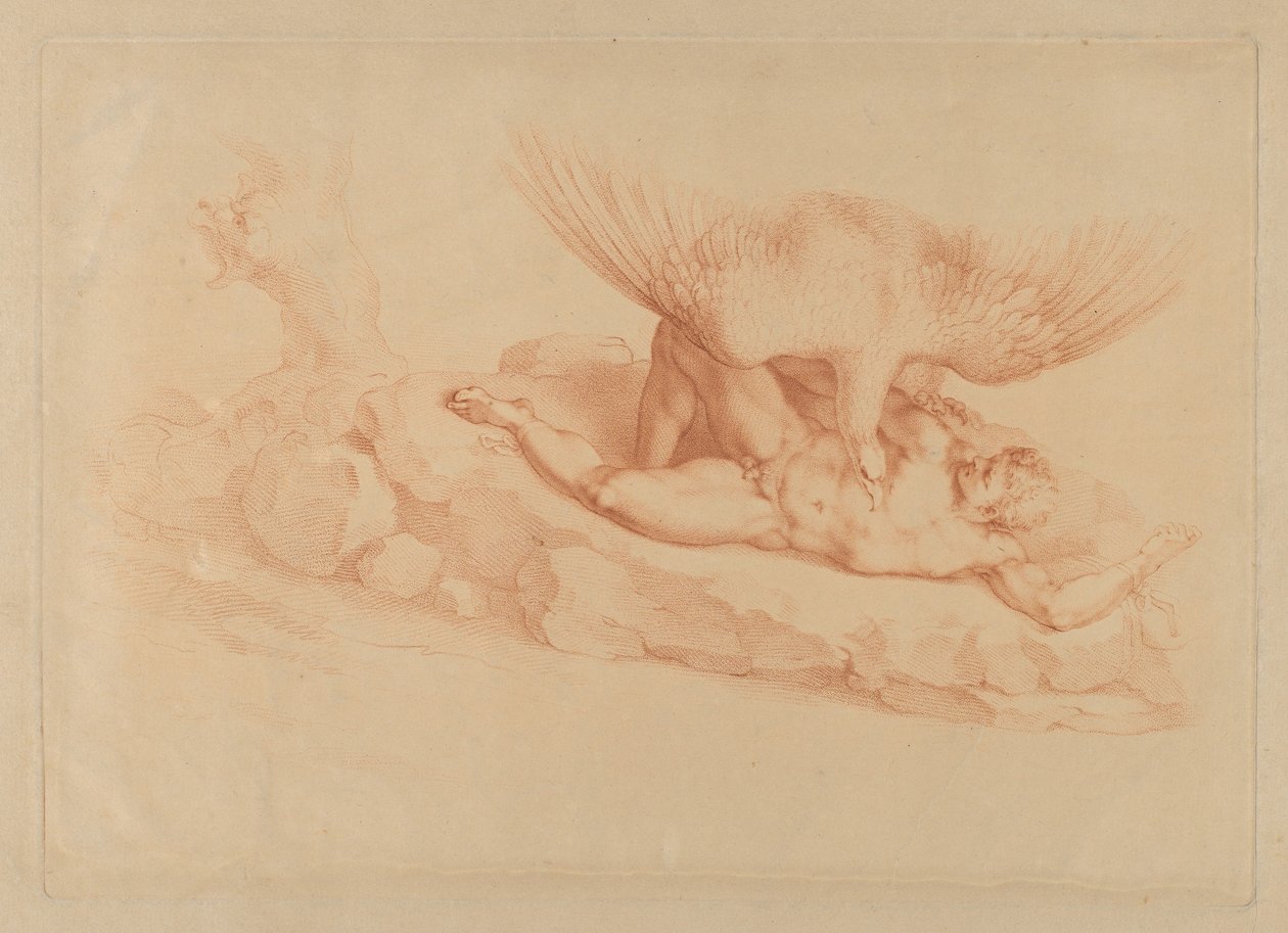 Prometheus, naken, kedjad vid en sten, tittar upp på en örn som står över honom, 1795. av Francesco Bartolozzi