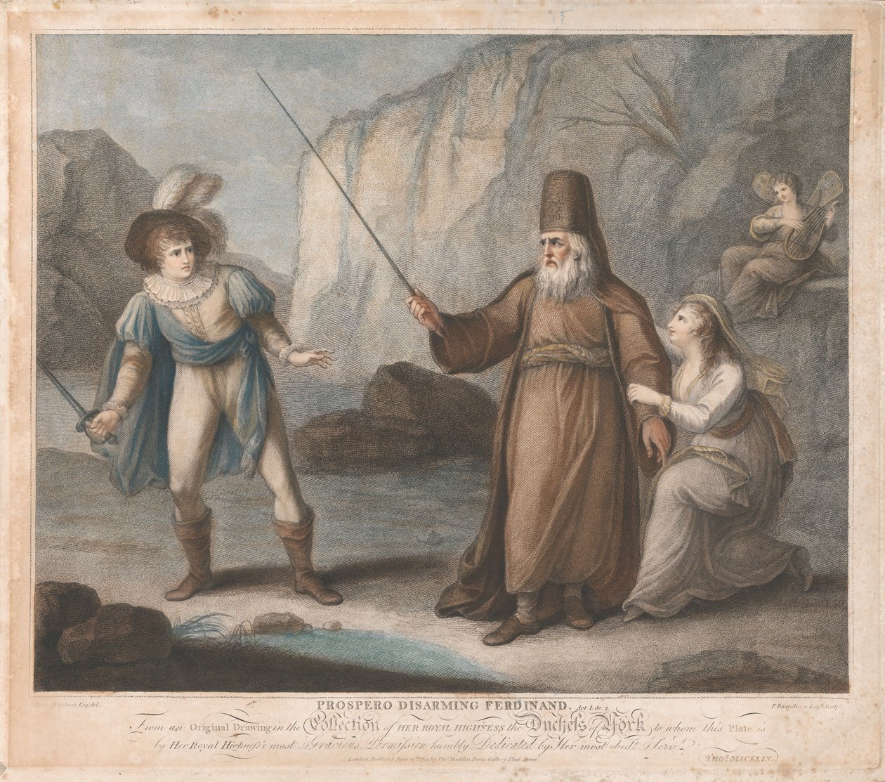 Prospero avväpnar Ferdinand, akt I, scen II av Francesco Bartolozzi