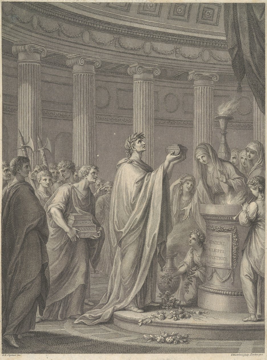 Den romerske fältherren Julius Caesar inviger Venus Genetrix tempel på Caesars forum i Rom, 46 f.Kr. av Francesco Bartolozzi