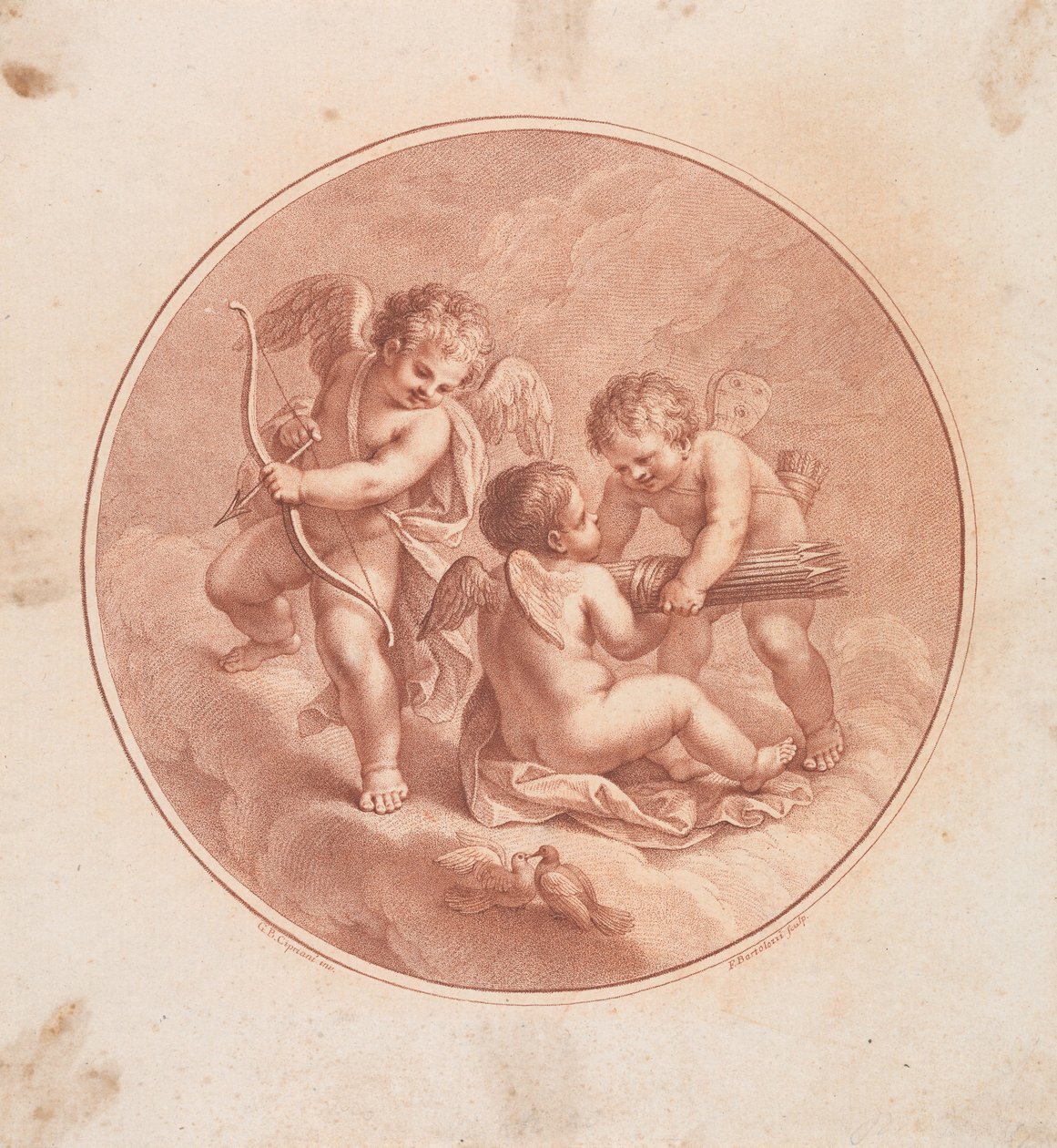 Drei Cupidos mit Bögen und Pfeilen und zwei Tauben av Francesco Bartolozzi
