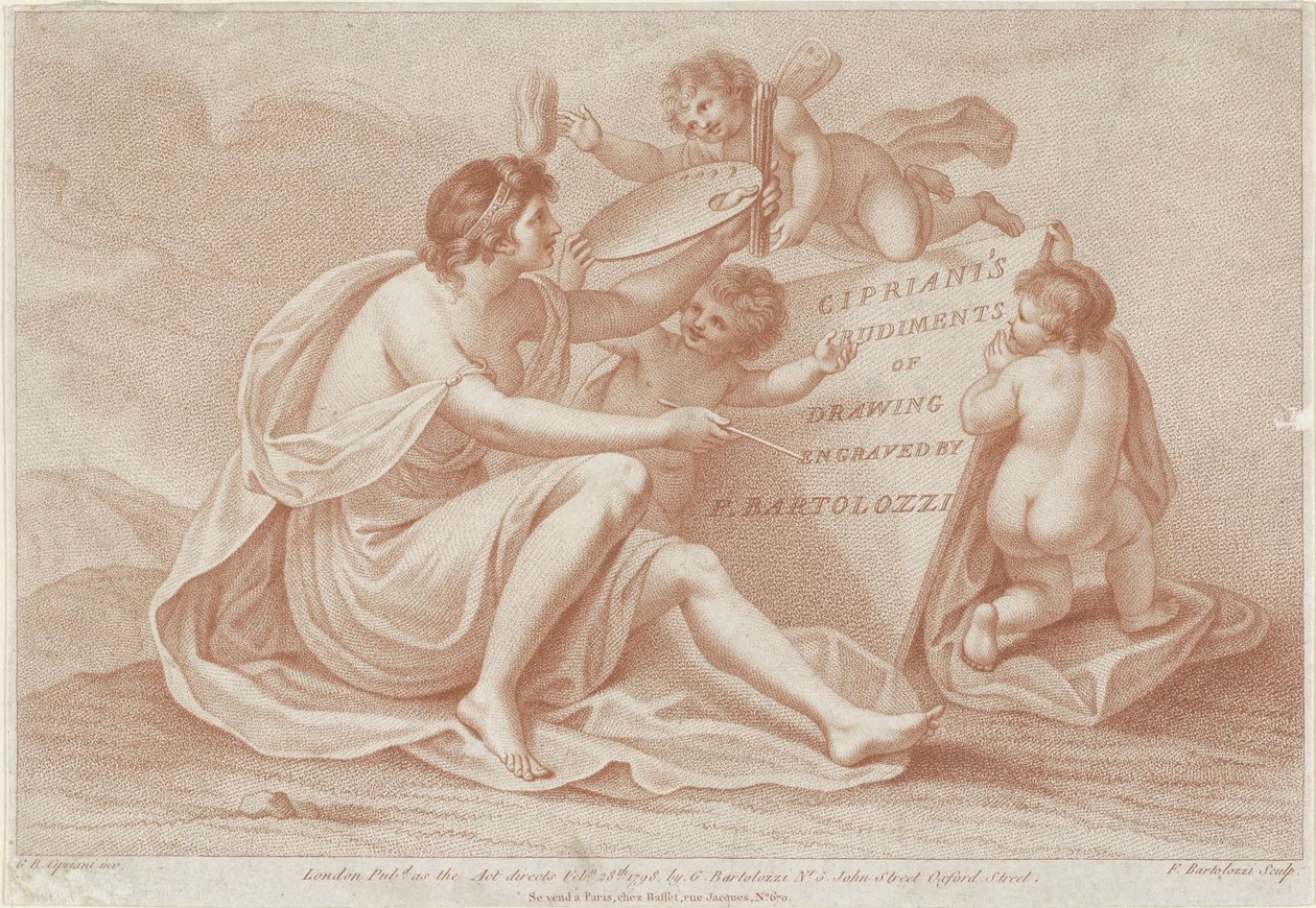 Titeltryck med personifiering av målning Ciprianis principer för ritning (serietitel) Ciprianis rudiments of drawing (serietitel) av Francesco Bartolozzi