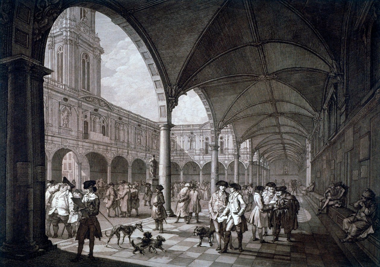 Utsikt över innergården i Royal Exchange med köpmän och mäklare, City of London, 1788 av Francesco Bartolozzi