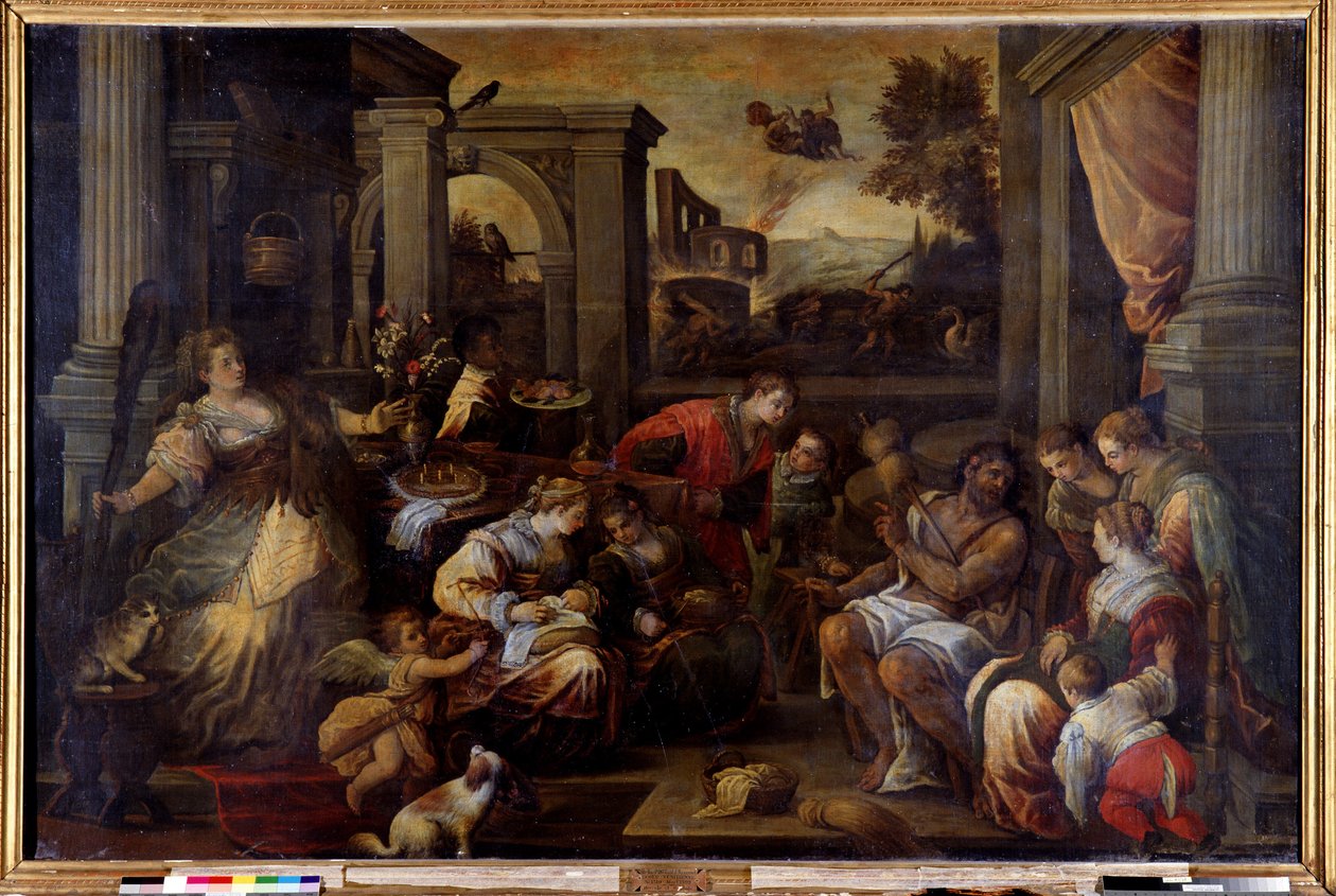 Hercules och Omphale Hercules, förälskad i drottningen av Lycia Omphale, tar sin spinnare av Francesco Bassano