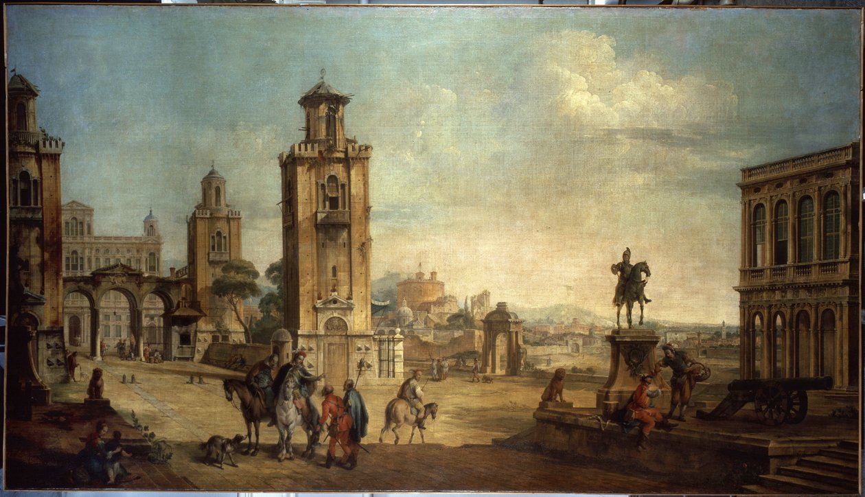 ""Gatubild i en stad, det stora torget med monument"" (Utsikt över en stad) Målning av Francesco Battaglioli (ec. venit.) (1722-1790) Eremitaget från 1700-talet, Sankt Petersburg av Francesco Battaglioli