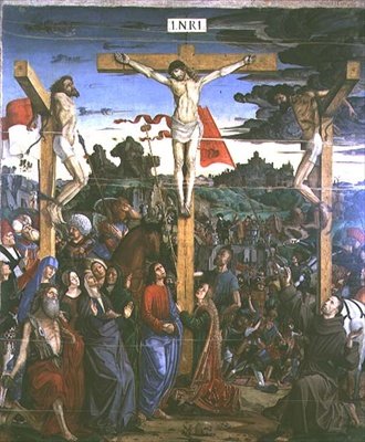 Korsfästelse med den helige Hieronymus och den helige Franciskus (panel) av Francesco Bianchi Ferrari