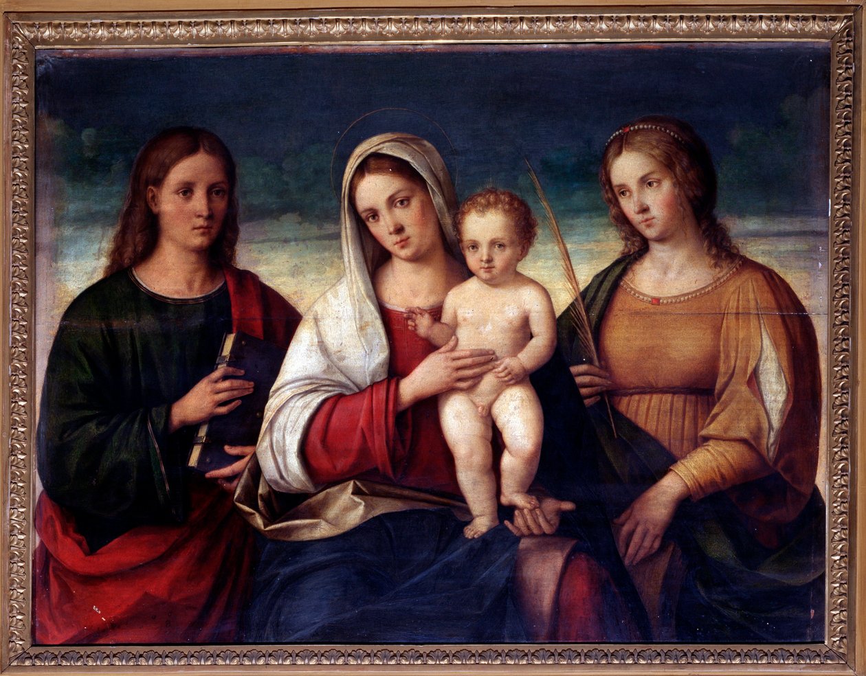 Jungfru med barn omgiven av den helige Johannes evangelisten och den heliga Katarina av Alexandria (Målning av Francesco Bissolo