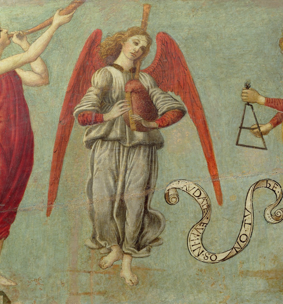 Ängel som spelar säckpipa, c.1475-97 tempera på paneldetalj av 64871, se även 64873 och 64874 av Francesco Botticini