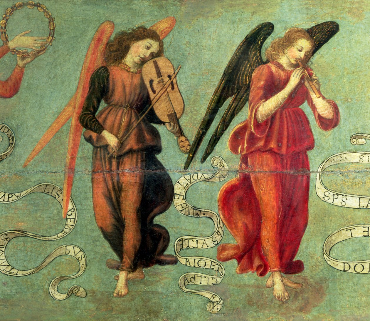 Änglar som spelar fiol och pipa, c.1475-97 tempera på paneldetalj av 64871, se även 64872 och 64873 av Francesco Botticini