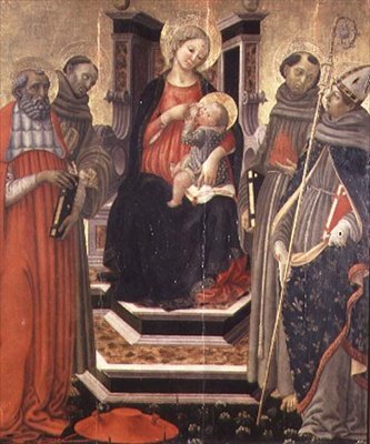 Madonna och barn med SS. Hieronymus, Franciskus av Assisi, Antonius av Padua och Ludvig av Toulouse (tempera på panel) av Francesco Botticini