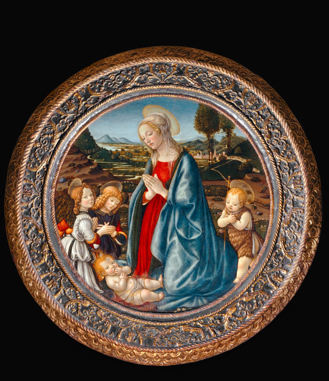 Madonna med barn, omgiven av Johannes Döparen och två änglar ... av Francesco Botticini