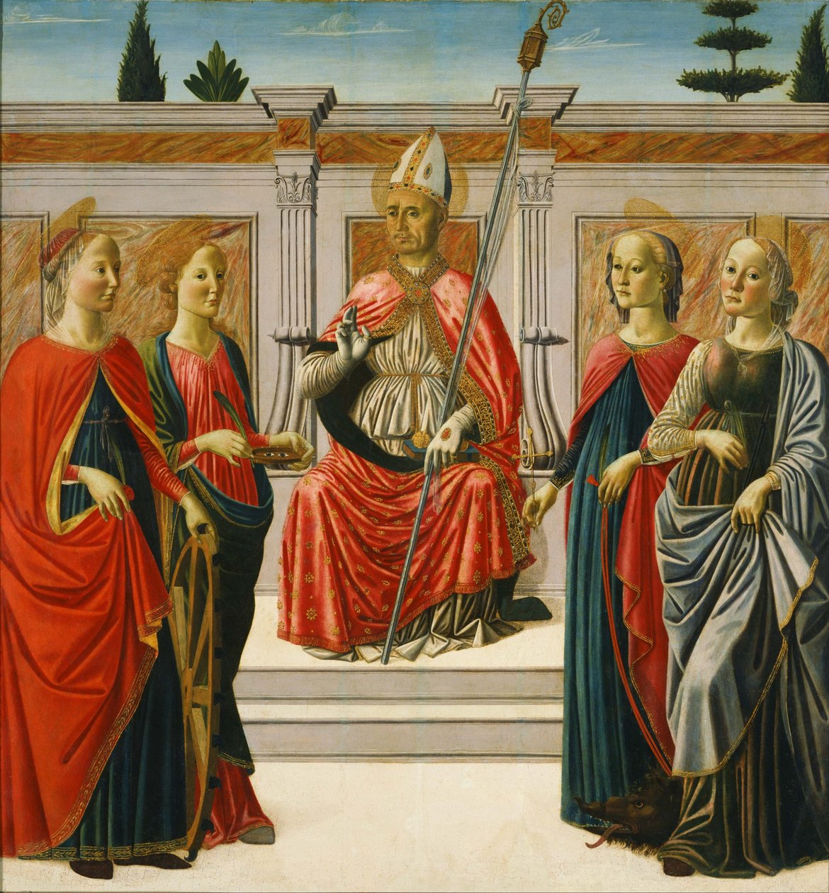 Saint Nicholas och Saints Catherine, Lucy, Margaret och Apollonia av Francesco Botticini