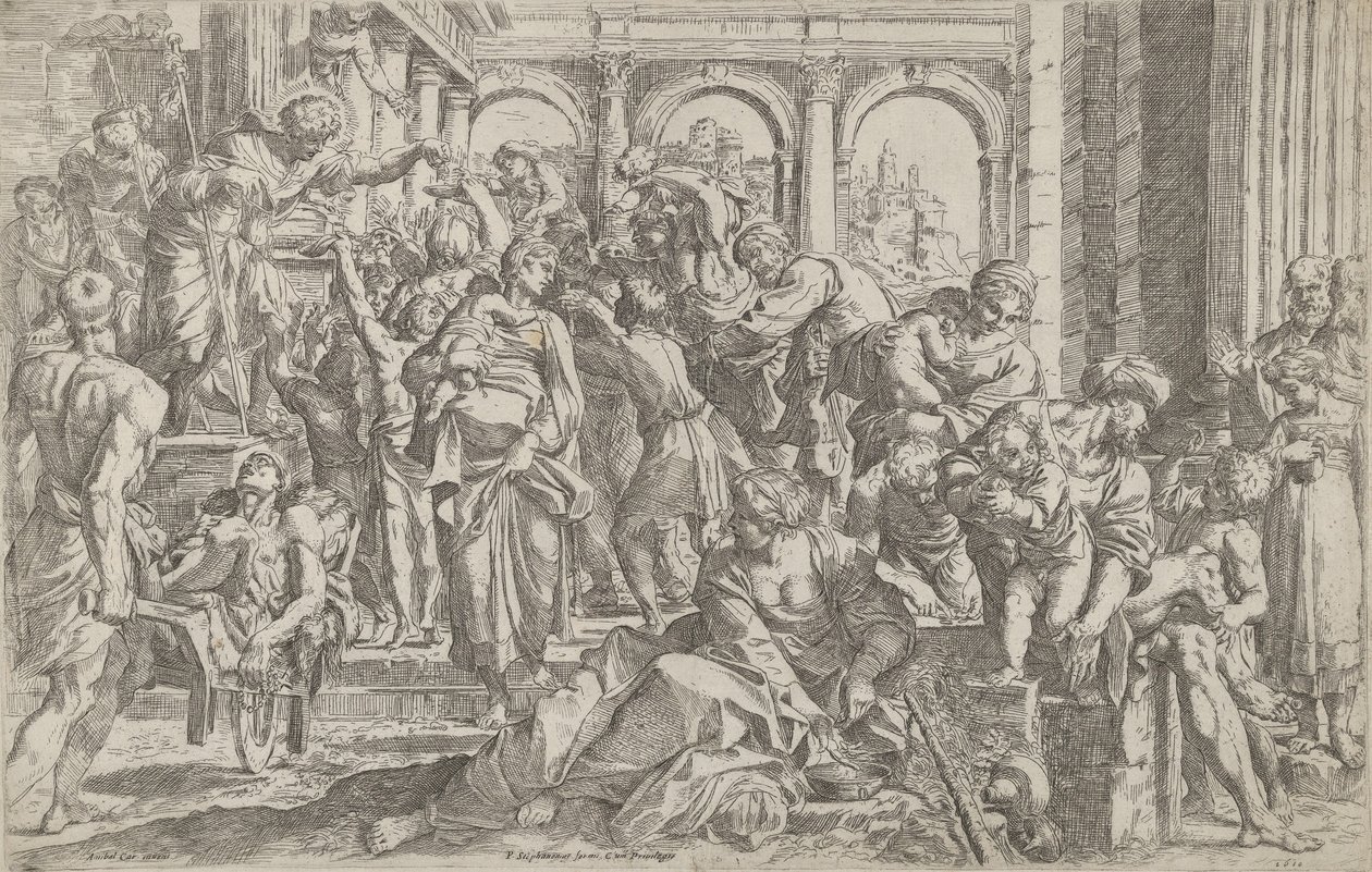 Saint Roch till vänster delar ut allmosor till en grupp människor som samlats runt honom, efter ..., 1590-1600. av Francesco Brizio