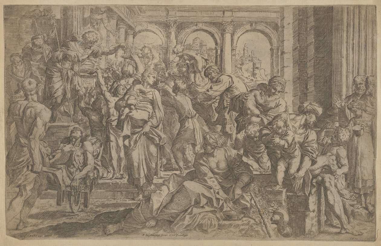 Saint Roch till vänster delar ut allmosor till en grupp människor som samlats runt honom, efter A..., ca. 1607. av Francesco Brizio