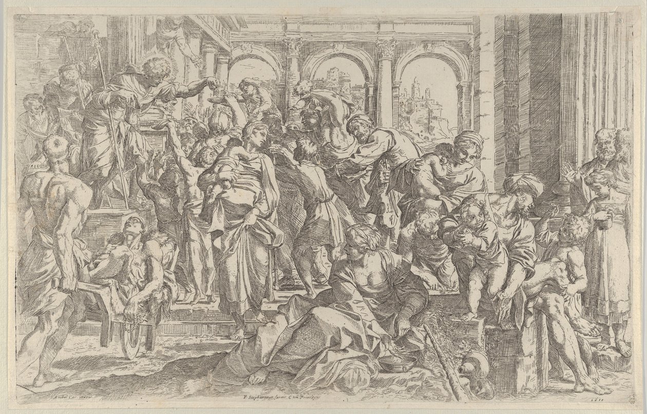 Saint Roch till vänster delar ut allmosor till en grupp människor som samlats runt honom, af..., ca. 1590-1600. av Francesco Brizio