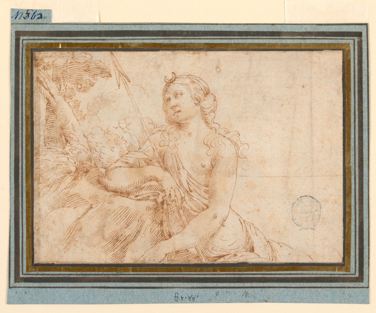 Teckning, Gudinnan Diana lutad på en utskjutare, tidigt 1600-tal av Francesco Brizzi