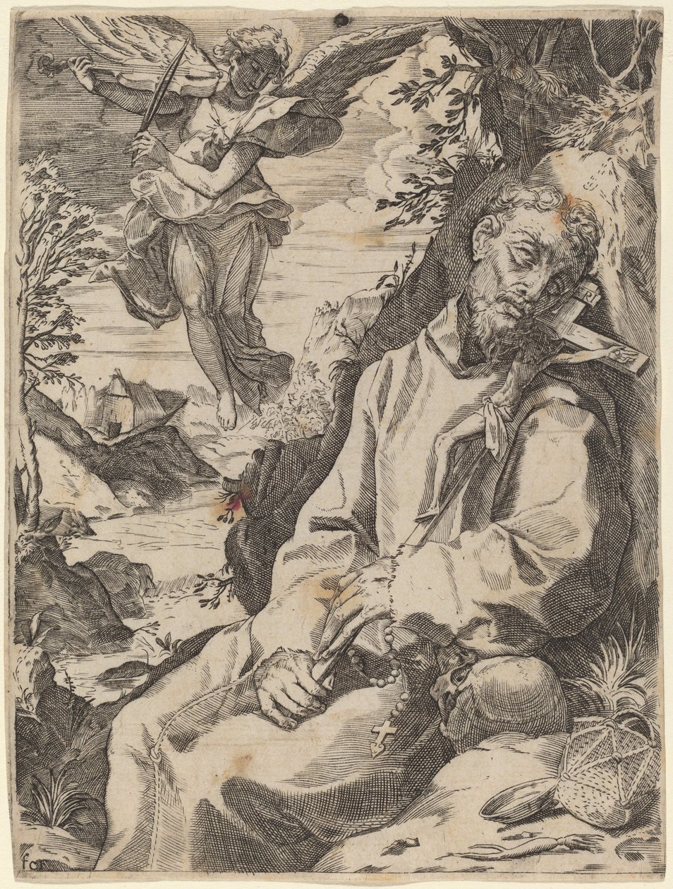 Saint Francis Tröstad av den musikaliska ängeln av Francesco Carracci after Agostino Carracci
