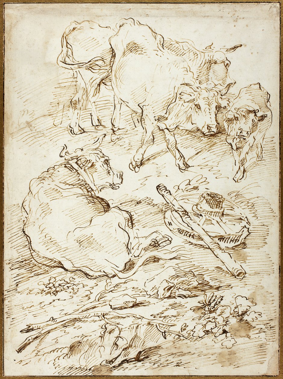Boskap bredvid vagnhjul av Francesco Castiglione