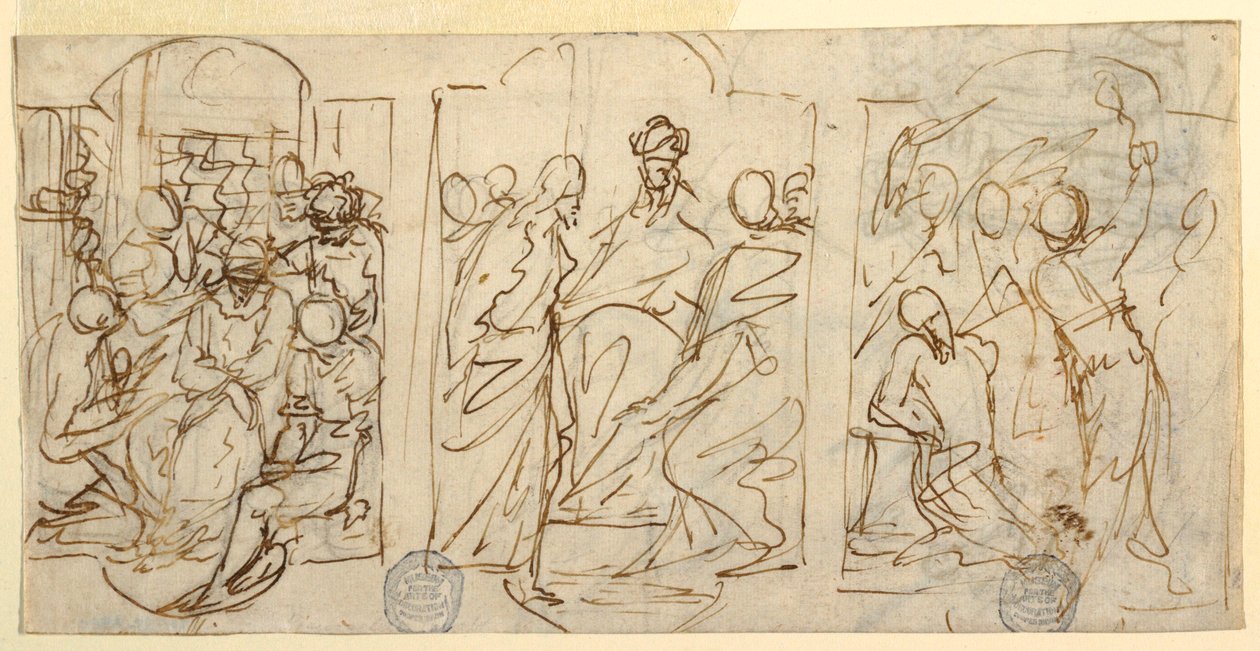 Teckning, Passionens tre stadier: Hånet, Kristus inför Pilatus, Flagellationen, ca 1848 av Francesco Coghetti