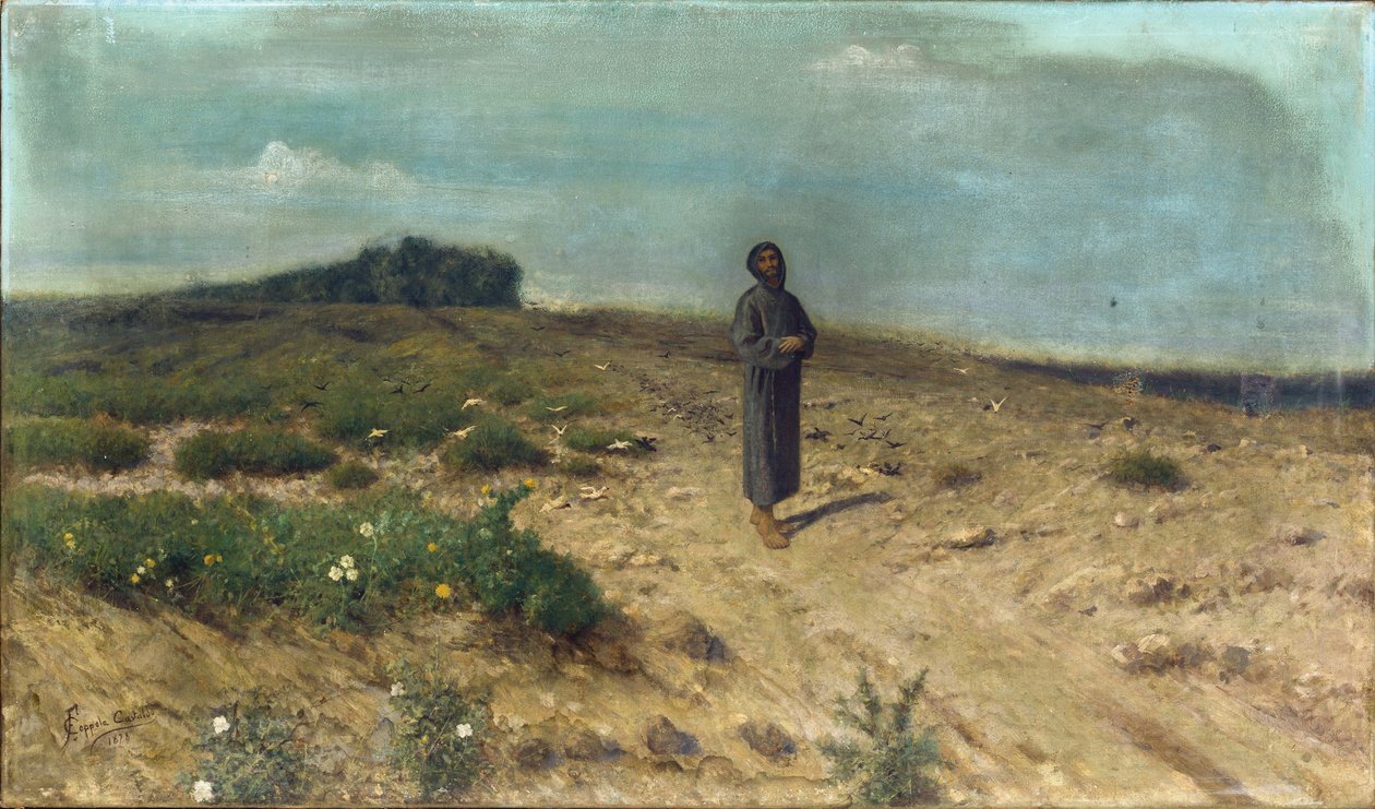 Saint Francis Preaches to the Birds par Coppola Castaldo, Francesco (1845-1916). Olja på duk av Francesco Coppola Castaldo