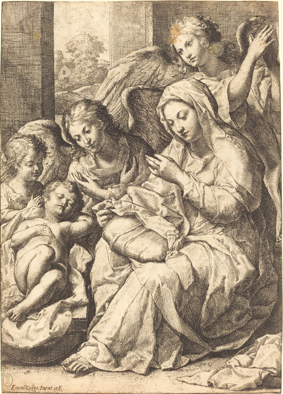 Jungfru och änglar som vakar över det sovande spädbarnet Jesus av Francesco Cozza