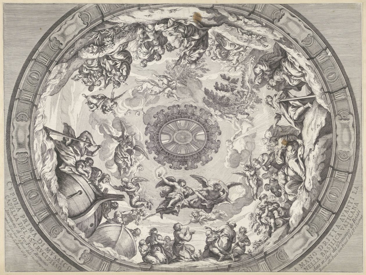 Kupoldekoration med Gamla testamentets figurer och änglar Cupola prima di musaico capella del SS.mo Crucifisso (...) (titel på objekt) Kupoldekorationer i Peterskyrkan (serietitel) av Francesco Faraone Aquila