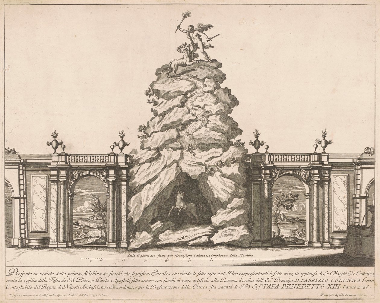 Prima Macchina för Kina 1726: Hercules and the Hydra av Francesco Faraone Aquila, after Alessandro Specchi