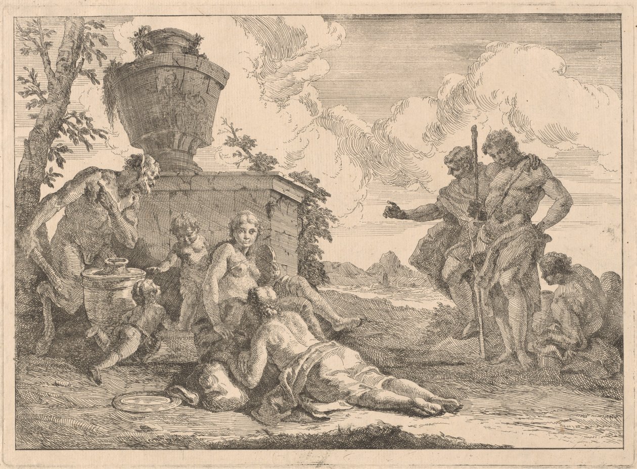 En satyr med en stav och sju andra figurer av Francesco Fontebasso