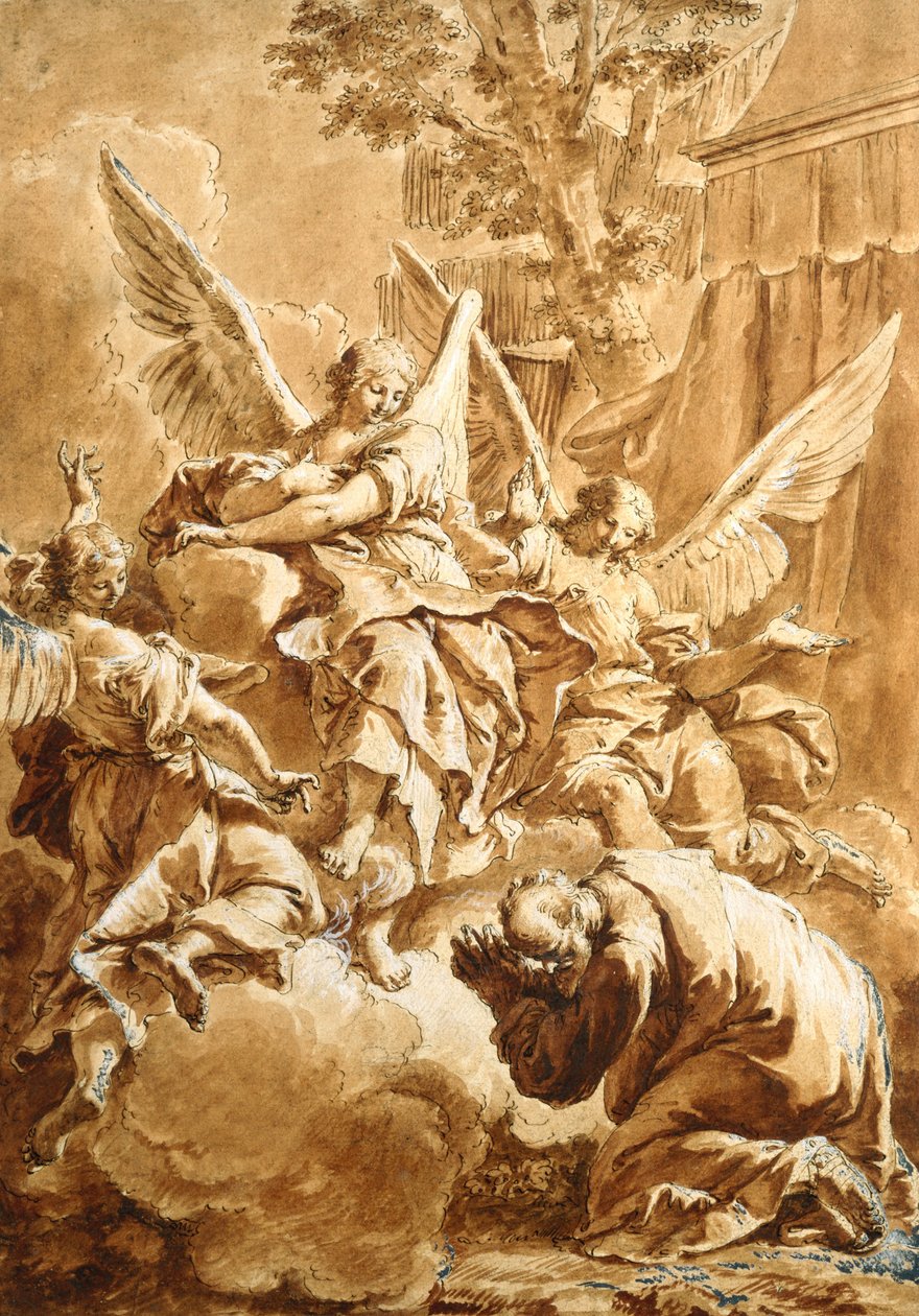 Abraham och de tre änglarna, ca 1750 (penna och brunt bläck över svart krita med röd tvätt) av Francesco Fontebasso