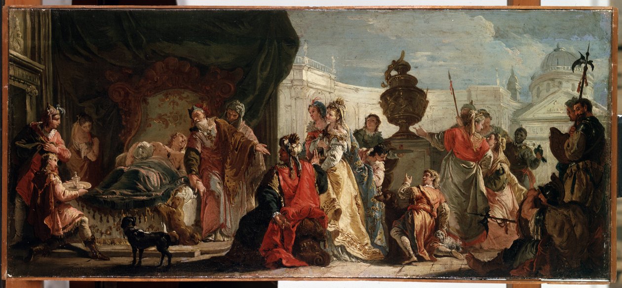 ""Antiochus och Stratonice"" (Antiochus och Stratonice). Antiochus (eller Antiochos), son till kung Seleucus (eller Seleucus) I Nicator behandlas av läkaren Erasistratus of Ceos för en sjukdom på grund av hans kärlek till och Stratonice (eller Stratonike), av Francesco Fontebasso