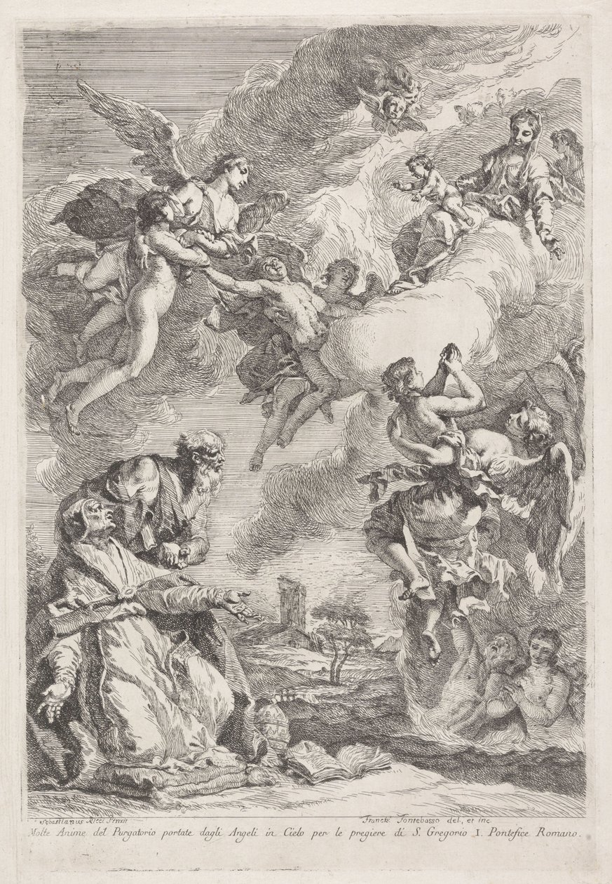 Saint Gregory the Great och Saint Hieronymus ber för själar i skärselden Molte Anime del Purgatorio portate dagli Angeli in Cielo per le pregiere di S. Gregorio I. Pontefice Romano (titel på objektet) av Francesco Fontebasso