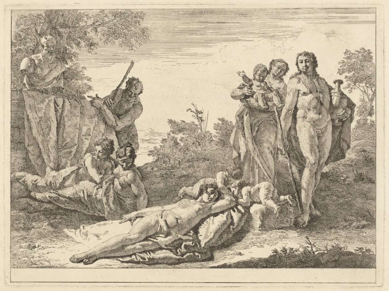 Nio figurer runt en Herm of Pan av Francesco Fontebasso