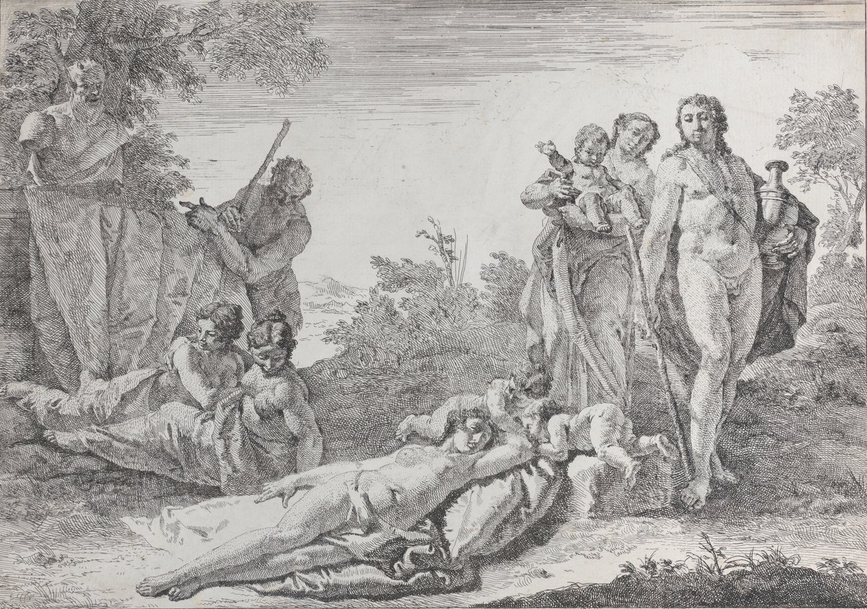 Nio figurer nära en Herm of Pan, från Bacchanals and Histories, 1744. av Francesco Fontebasso