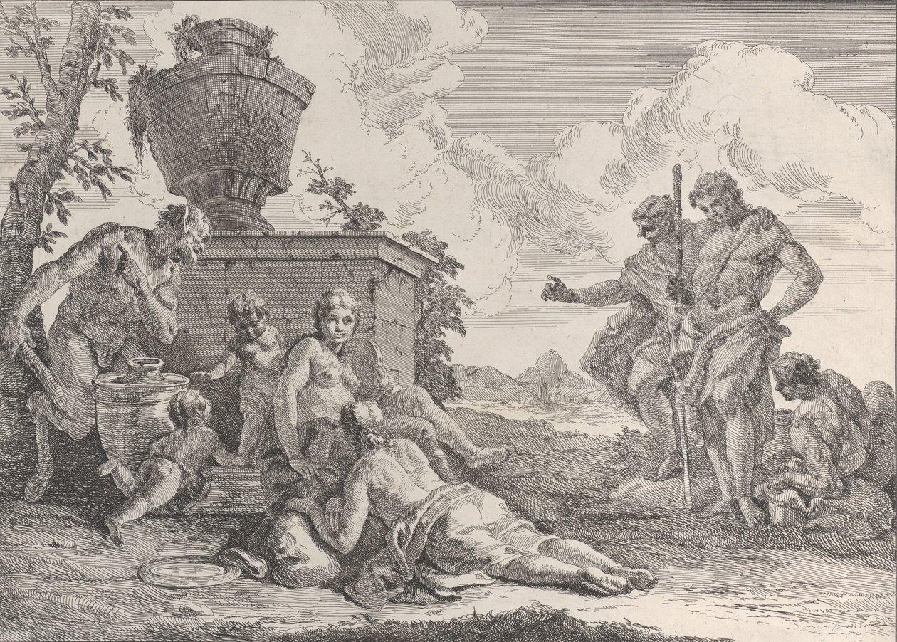 Satyr med klubba och sju figurer, från Bacchanals and Histories, 1744. av Francesco Fontebasso